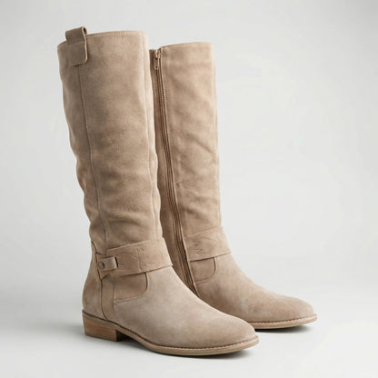 Women's Knee-High Boots Faux Suede Slouch Tall Riding Round Toe Low Block Heel Side Zip