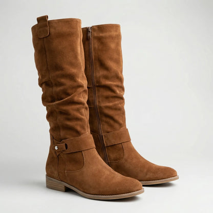 Women's Knee-High Boots Faux Suede Slouch Tall Riding Round Toe Low Block Heel Side Zip