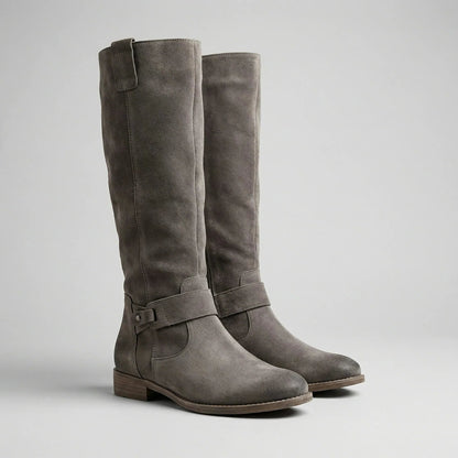 Women's Knee-High Boots Faux Suede Slouch Tall Riding Round Toe Low Block Heel Side Zip