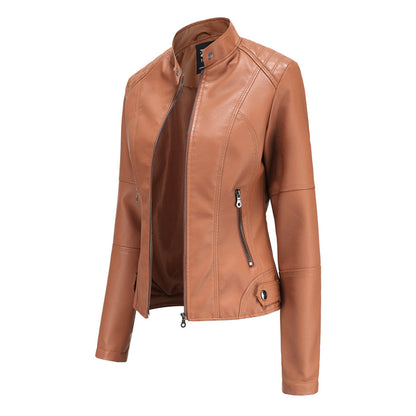 Effortless Faux Leather Biker Jacket for Women with Stand Collar Long Sleeve Cropped Zip Front Style