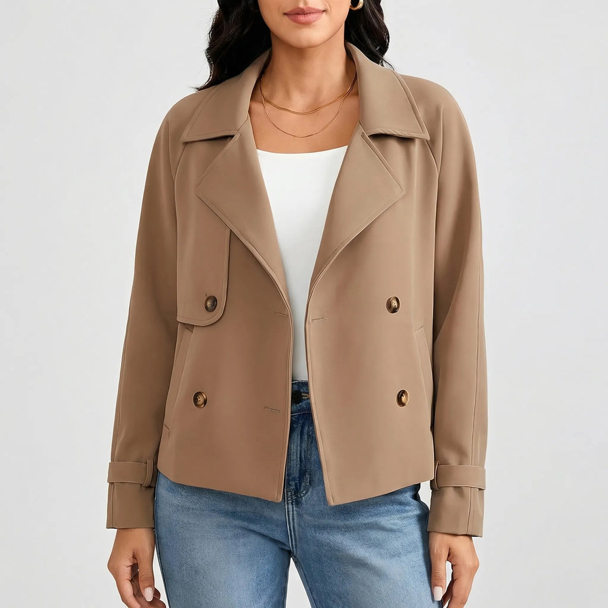 Chic Blazer for Women with Wide Lapel Long Sleeve Double Breasted Cuff Tab Cropped Style