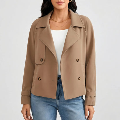 Chic Blazer for Women with Wide Lapel Long Sleeve Double Breasted Cuff Tab Cropped Style