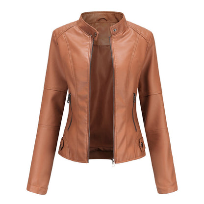 Effortless Faux Leather Biker Jacket for Women with Stand Collar Long Sleeve Cropped Zip Front Style
