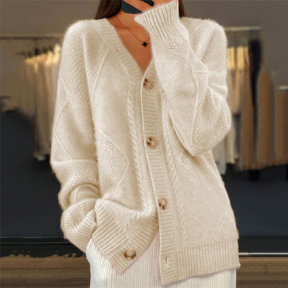 Comfortable Cable Knit Cardigan Sweater for Women with V Neck Long Sleeve Button Front Relaxed Oversized Style