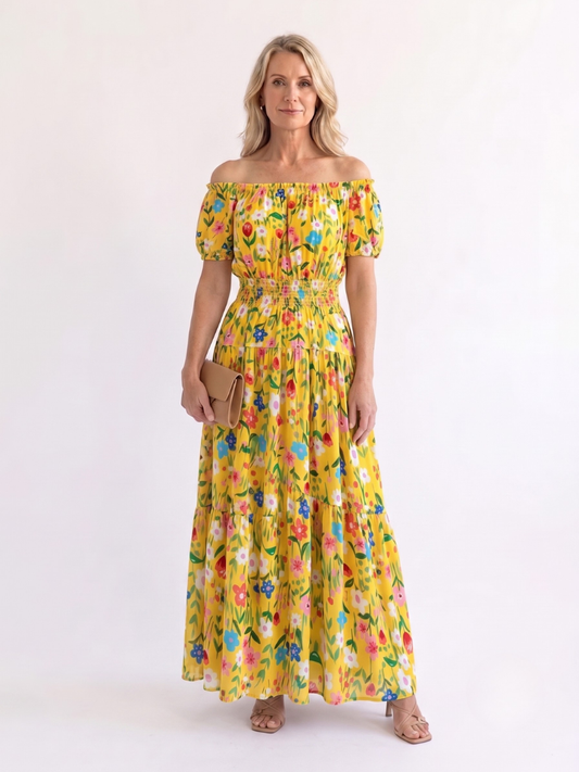 Elegant Yellow Dress for Women with Off Shoulder Puff Sleeve Tiered Flowing Style