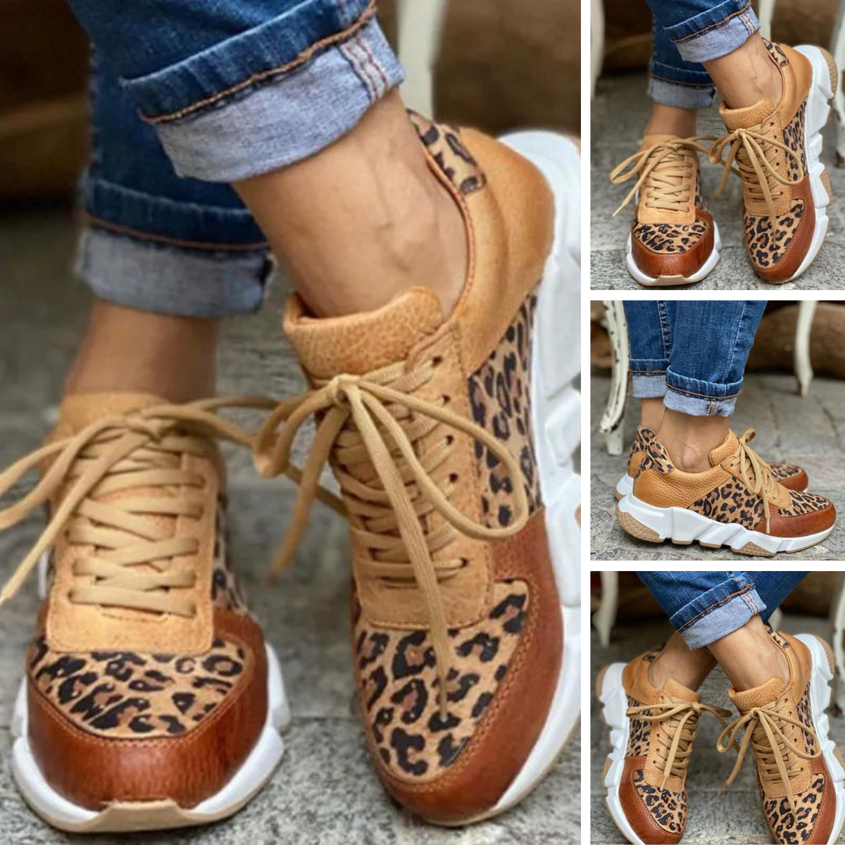 Stylish Leopard Print Sneakers for Women with Lace Up Chunky Platform Running Street Style
