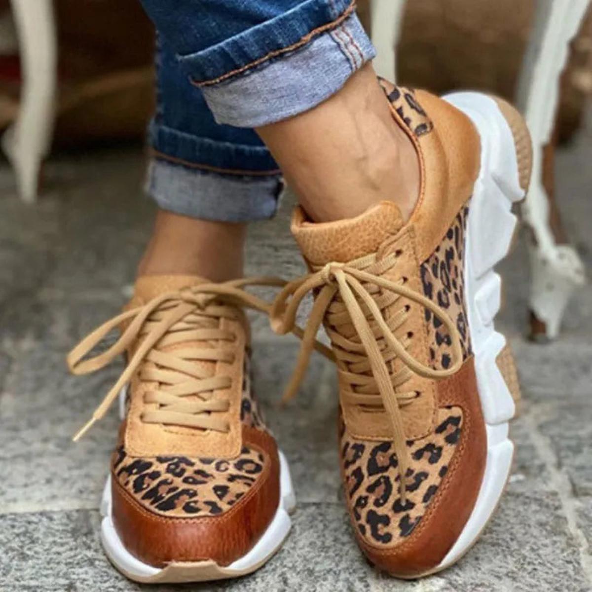 Stylish Leopard Print Sneakers for Women with Lace Up Chunky Platform Running Street Style