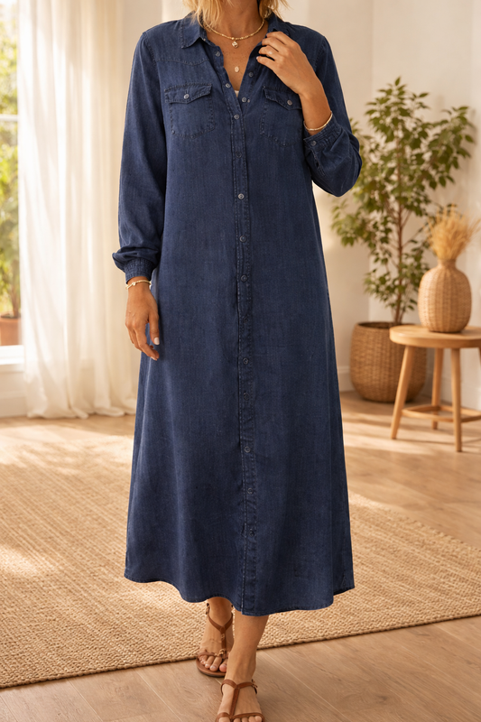 Elegant Blue Denim Dress for Women with Collar Long Sleeve Button Front A Line Maxi Style