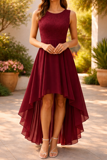 Elegant Burgundy Lace Autumn Wedding Guest Dress for Women with Round Neck Sleeveless High Low Fit and Flare Style