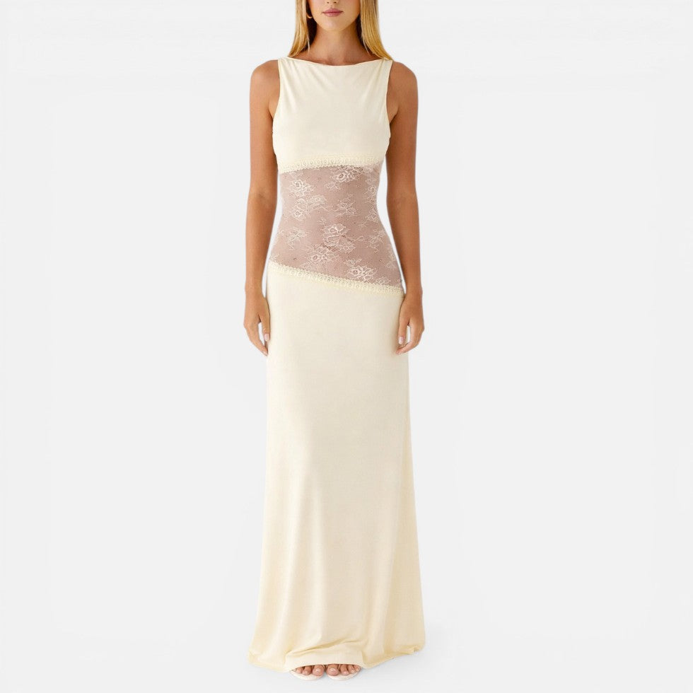 Elegant Maxi Cocktail Dress for Women with Boat Neck Sleeveless Illusion Lace Waist Backless Style