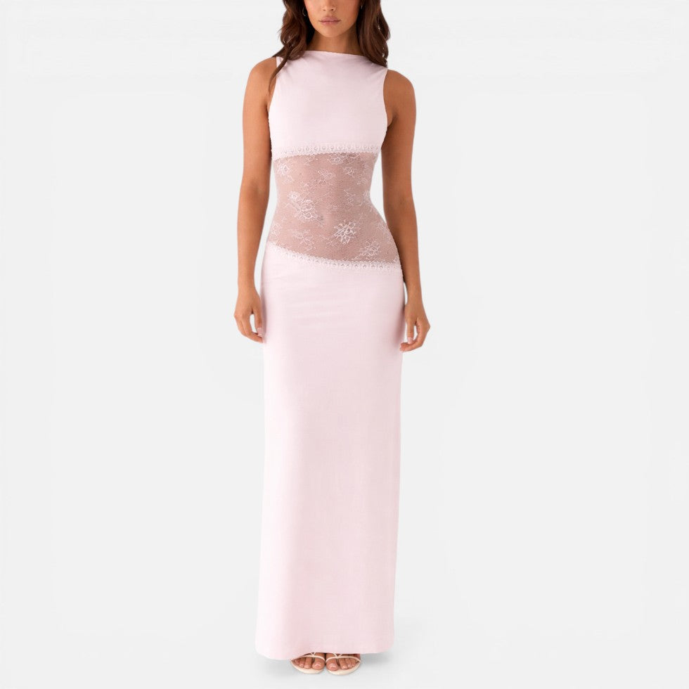 Elegant Maxi Cocktail Dress for Women with Boat Neck Sleeveless Illusion Lace Waist Backless Style