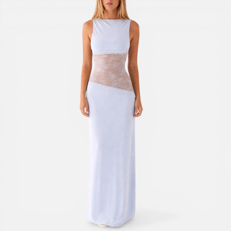 Elegant Maxi Cocktail Dress for Women with Boat Neck Sleeveless Illusion Lace Waist Backless Style