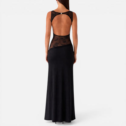 Elegant Maxi Cocktail Dress for Women with Boat Neck Sleeveless Illusion Lace Waist Backless Style