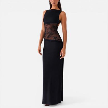 Elegant Maxi Cocktail Dress for Women with Boat Neck Sleeveless Illusion Lace Waist Backless Style