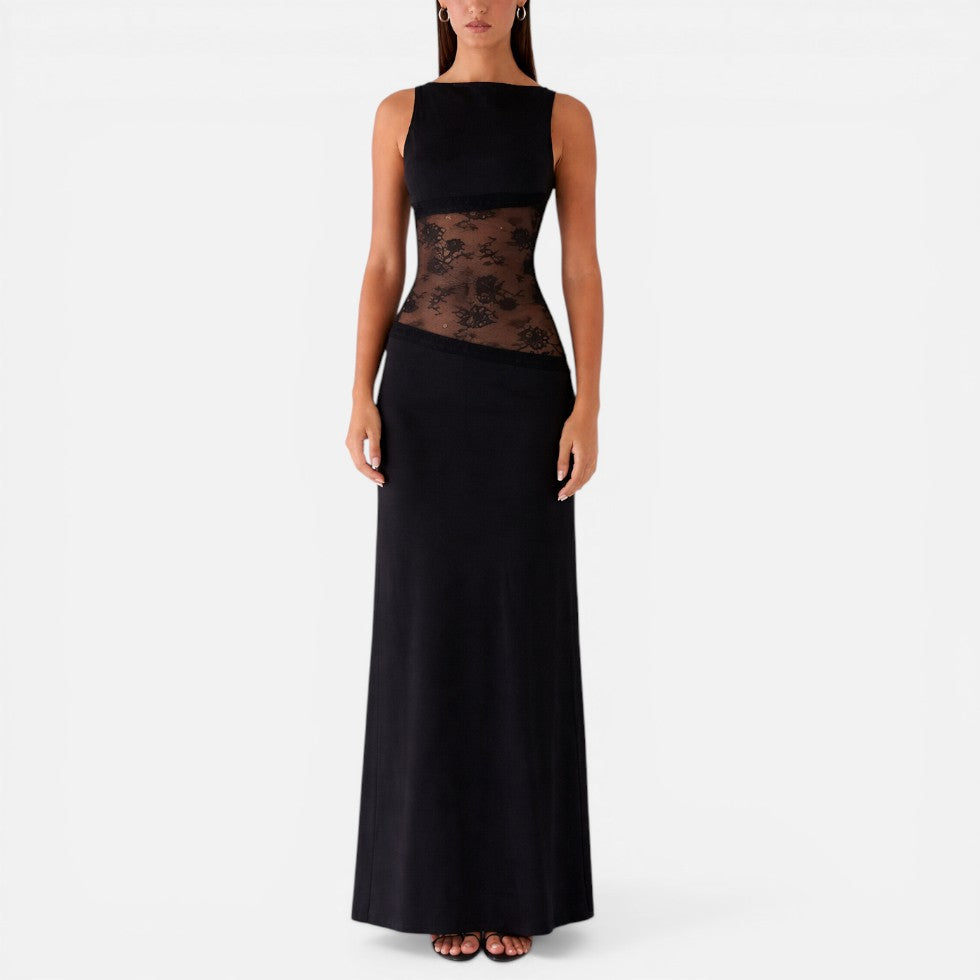 Elegant Maxi Cocktail Dress for Women with Boat Neck Sleeveless Illusion Lace Waist Backless Style