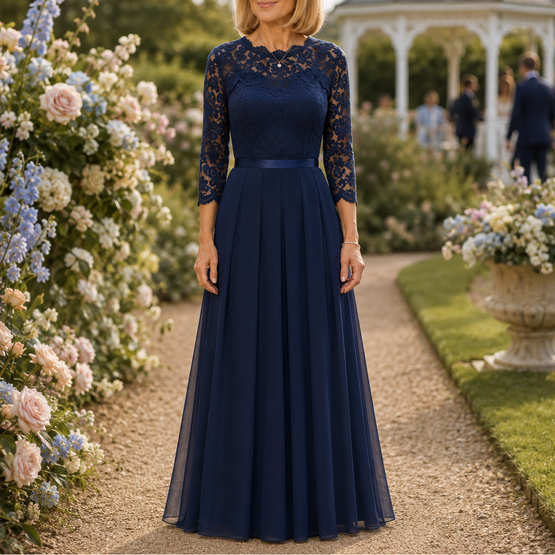 Elegant Lace Maxi Dress for Women with Illusion Neckline Elbow Sleeve Pleated Fall Wedding Guest Style
