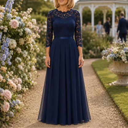 Elegant Lace Maxi Dress for Women with Illusion Neckline Elbow Sleeve Pleated Fall Wedding Guest Style
