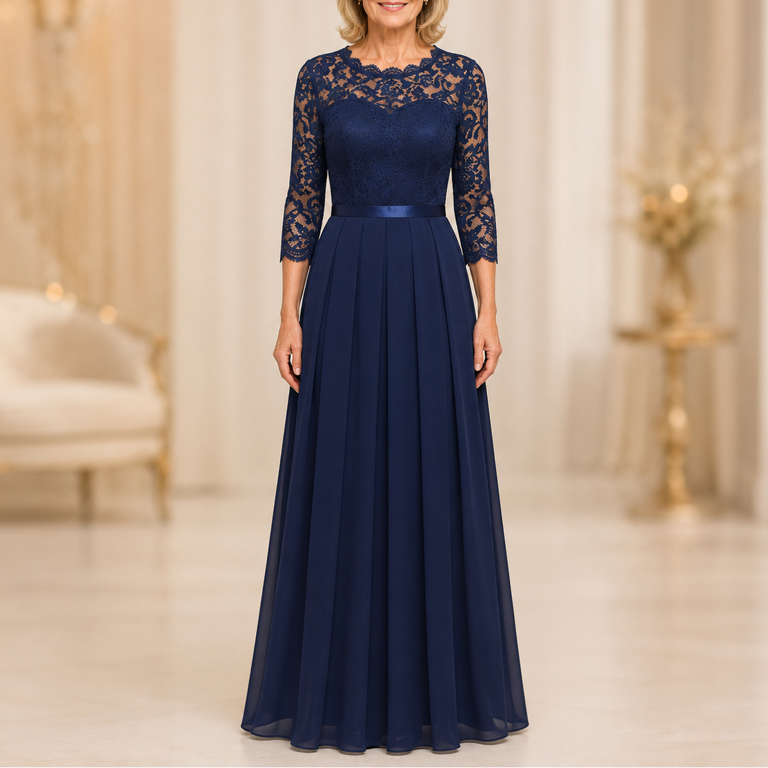 Elegant Lace Maxi Dress for Women with Illusion Neckline Elbow Sleeve Pleated Fall Wedding Guest Style