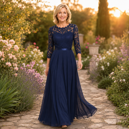 Elegant Lace Maxi Dress for Women with Illusion Neckline Elbow Sleeve Pleated Fall Wedding Guest Style