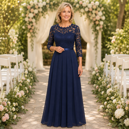 Elegant Lace Maxi Dress for Women with Illusion Neckline Elbow Sleeve Pleated Fall Wedding Guest Style