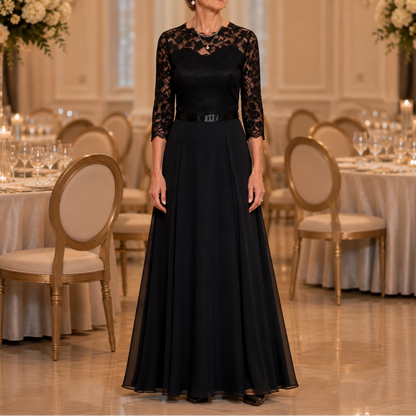 Elegant Lace Maxi Dress for Women with Illusion Neckline Elbow Sleeve Pleated Fall Wedding Guest Style