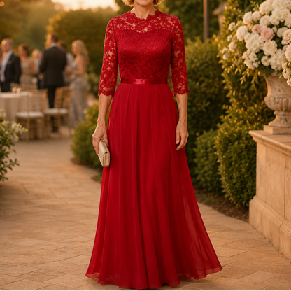 Elegant Lace Maxi Dress for Women with Illusion Neckline Elbow Sleeve Pleated Fall Wedding Guest Style