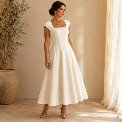 Elegant Satin Midi Dress for Women with Square Neck Cap Sleeve Fit and Flare Fall Wedding Guest Style