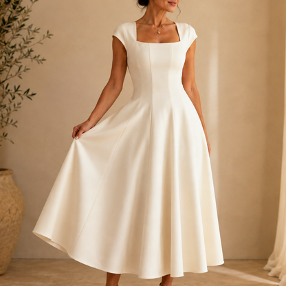 Elegant Satin Midi Dress for Women with Square Neck Cap Sleeve Fit and Flare Fall Wedding Guest Style