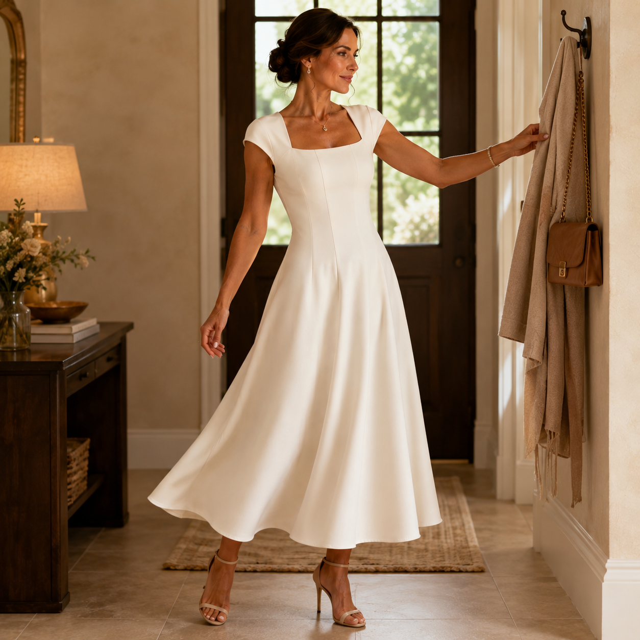 Elegant Satin Midi Dress for Women with Square Neck Cap Sleeve Fit and Flare Fall Wedding Guest Style