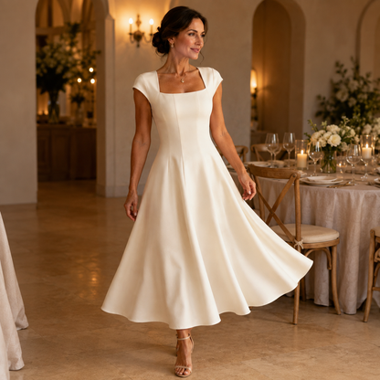 Elegant Satin Midi Dress for Women with Square Neck Cap Sleeve Fit and Flare Fall Wedding Guest Style