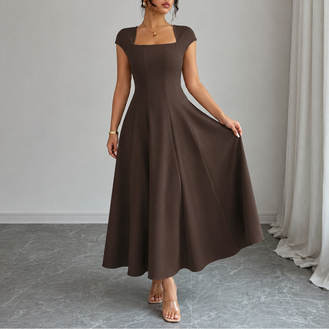 Elegant Satin Midi Dress for Women with Square Neck Cap Sleeve Fit and Flare Fall Wedding Guest Style
