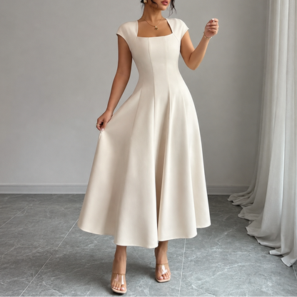 Elegant Satin Midi Dress for Women with Square Neck Cap Sleeve Fit and Flare Fall Wedding Guest Style