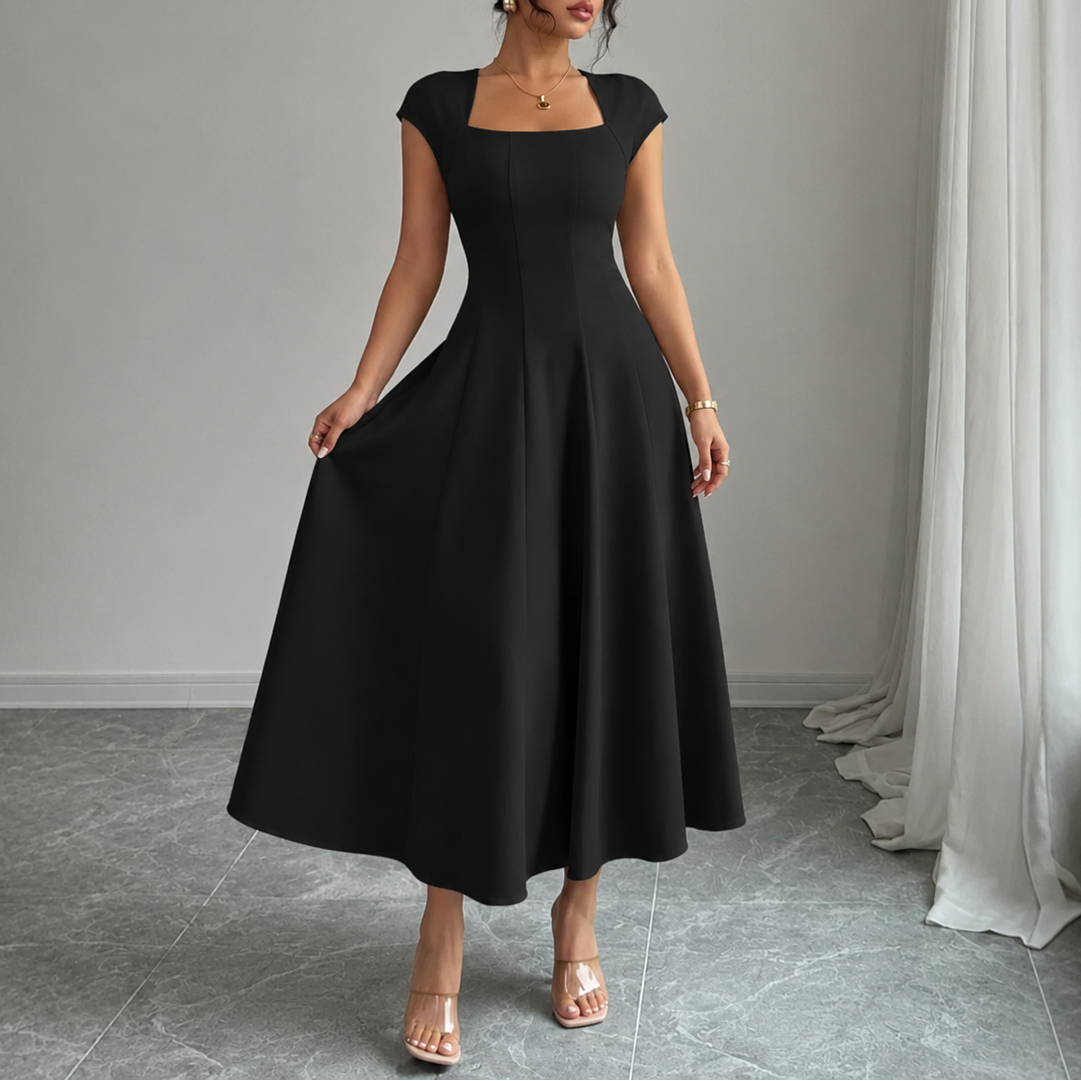 Elegant Satin Midi Dress for Women with Square Neck Cap Sleeve Fit and Flare Fall Wedding Guest Style