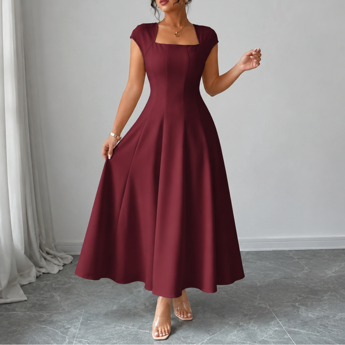 Elegant Satin Midi Dress for Women with Square Neck Cap Sleeve Fit and Flare Fall Wedding Guest Style