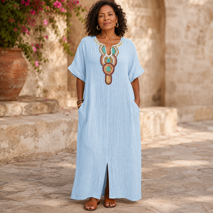 Effortless Linen Maxi Dress for Women with Embroidered V Neck Short Sleeve Kaftan Flowing Style