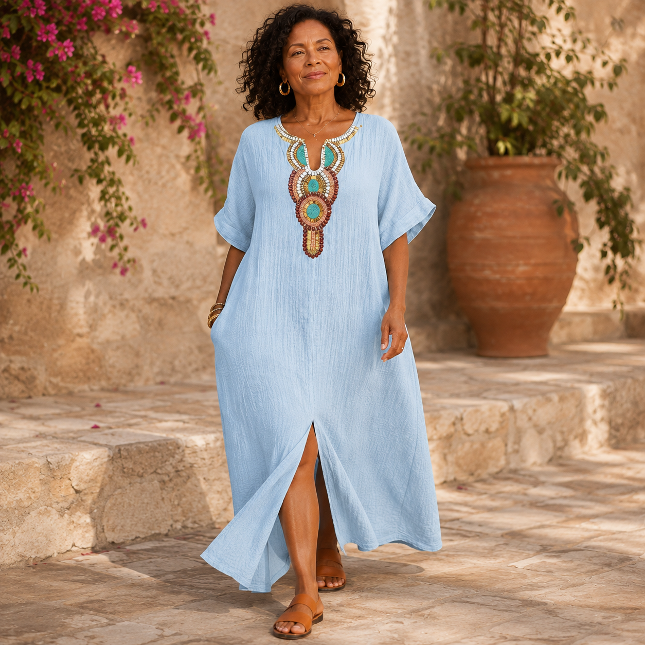 Effortless Linen Maxi Dress for Women with Embroidered V Neck Short Sleeve Kaftan Flowing Style