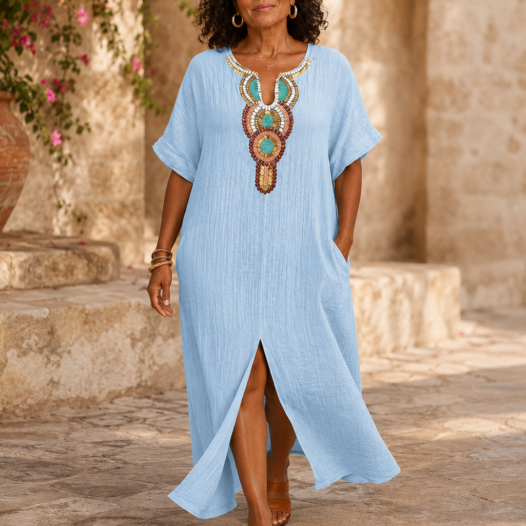 Effortless Linen Maxi Dress for Women with Embroidered V Neck Short Sleeve Kaftan Flowing Style