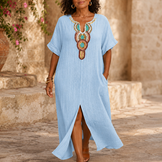 Effortless Linen Maxi Dress for Women with Embroidered V Neck Short Sleeve Kaftan Flowing Style