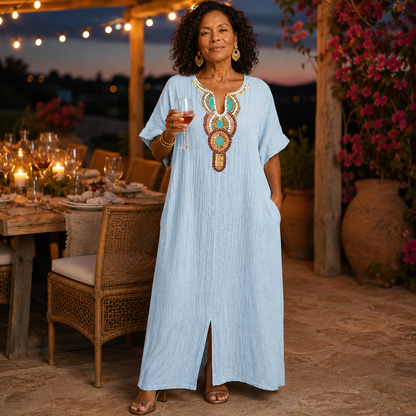 Effortless Linen Maxi Dress for Women with Embroidered V Neck Short Sleeve Kaftan Flowing Style