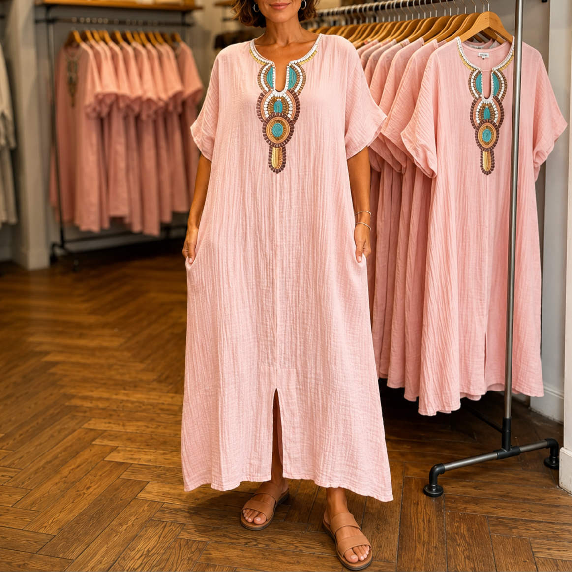 Effortless Linen Maxi Dress for Women with Embroidered V Neck Short Sleeve Kaftan Flowing Style