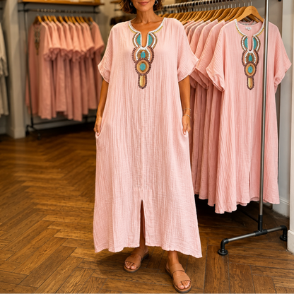 Effortless Linen Maxi Dress for Women with Embroidered V Neck Short Sleeve Kaftan Flowing Style