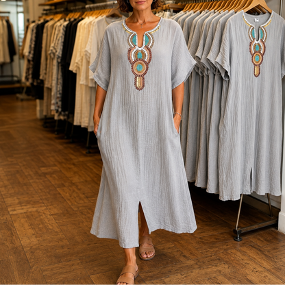 Effortless Linen Maxi Dress for Women with Embroidered V Neck Short Sleeve Kaftan Flowing Style