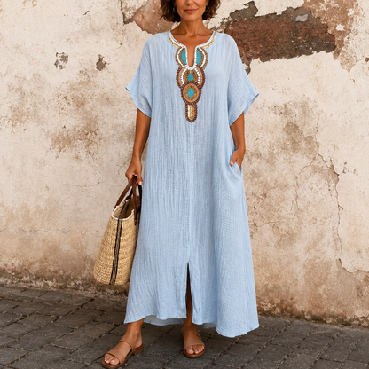 Effortless Linen Maxi Dress for Women with Embroidered V Neck Short Sleeve Kaftan Flowing Style