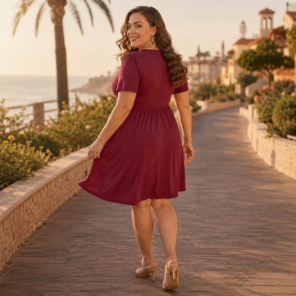 Elegant Twist Front Fit and Flare Dress for Women with V Neck Short Sleeve Plus Size Fall Style