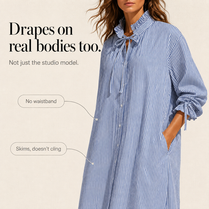 Effortless Blue Striped Shirt Dress for Women with Ruffle Tie Neck Long Sleeve Ruched Cuff Fall Style