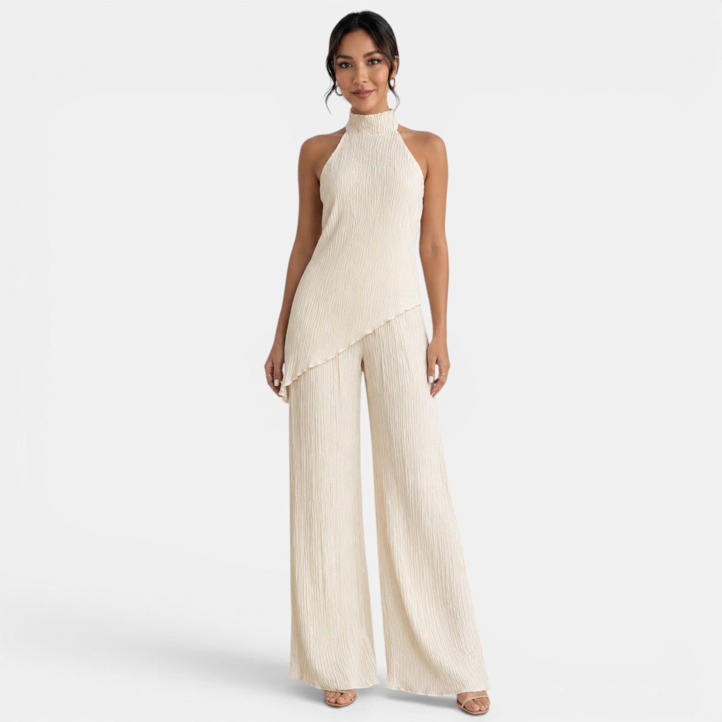 Elegant Textured Halter Top Wide Leg Pant Two Piece Set for Women with Mock Neck Backless Asymmetrical Hem Flowing Style