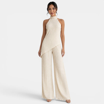 Elegant Textured Halter Top Wide Leg Pant Two Piece Set for Women with Mock Neck Backless Asymmetrical Hem Flowing Style