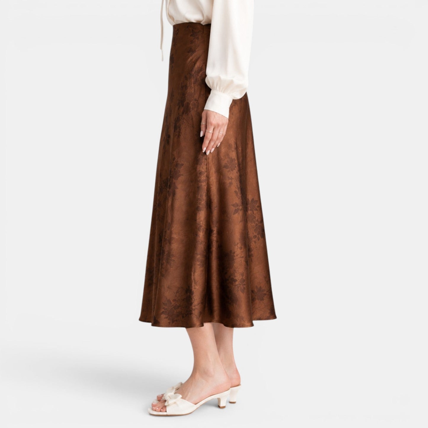Effortless Floral Jacquard Midi Skirt for Women with High Waist Bias Cut Flowing Style