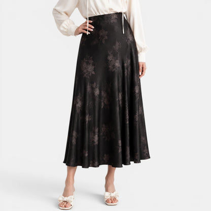 Effortless Floral Jacquard Midi Skirt for Women with High Waist Bias Cut Flowing Style
