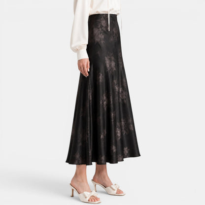 Effortless Floral Jacquard Midi Skirt for Women with High Waist Bias Cut Flowing Style